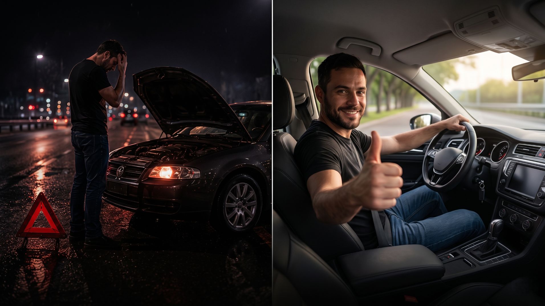 Comparativo entre veículo sem vistoria em situação de risco e decisão segura após diagnóstico automotivo